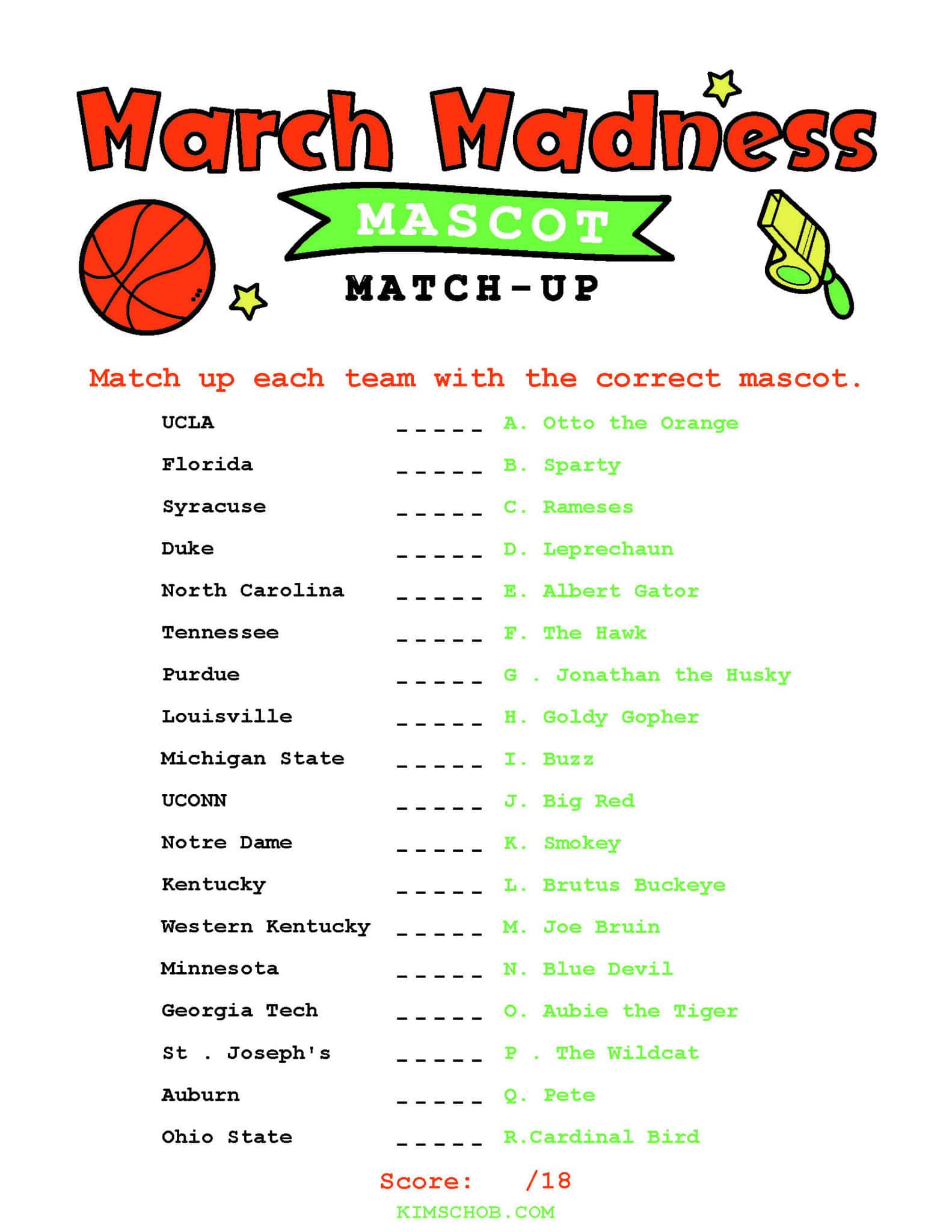 March Madness \"Mascot Match-up\" printable.