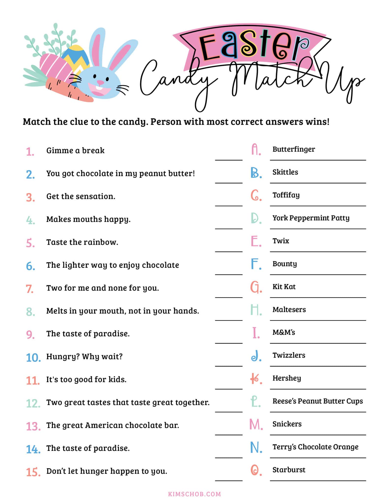 Printable Page of Easter Candy Match Up.