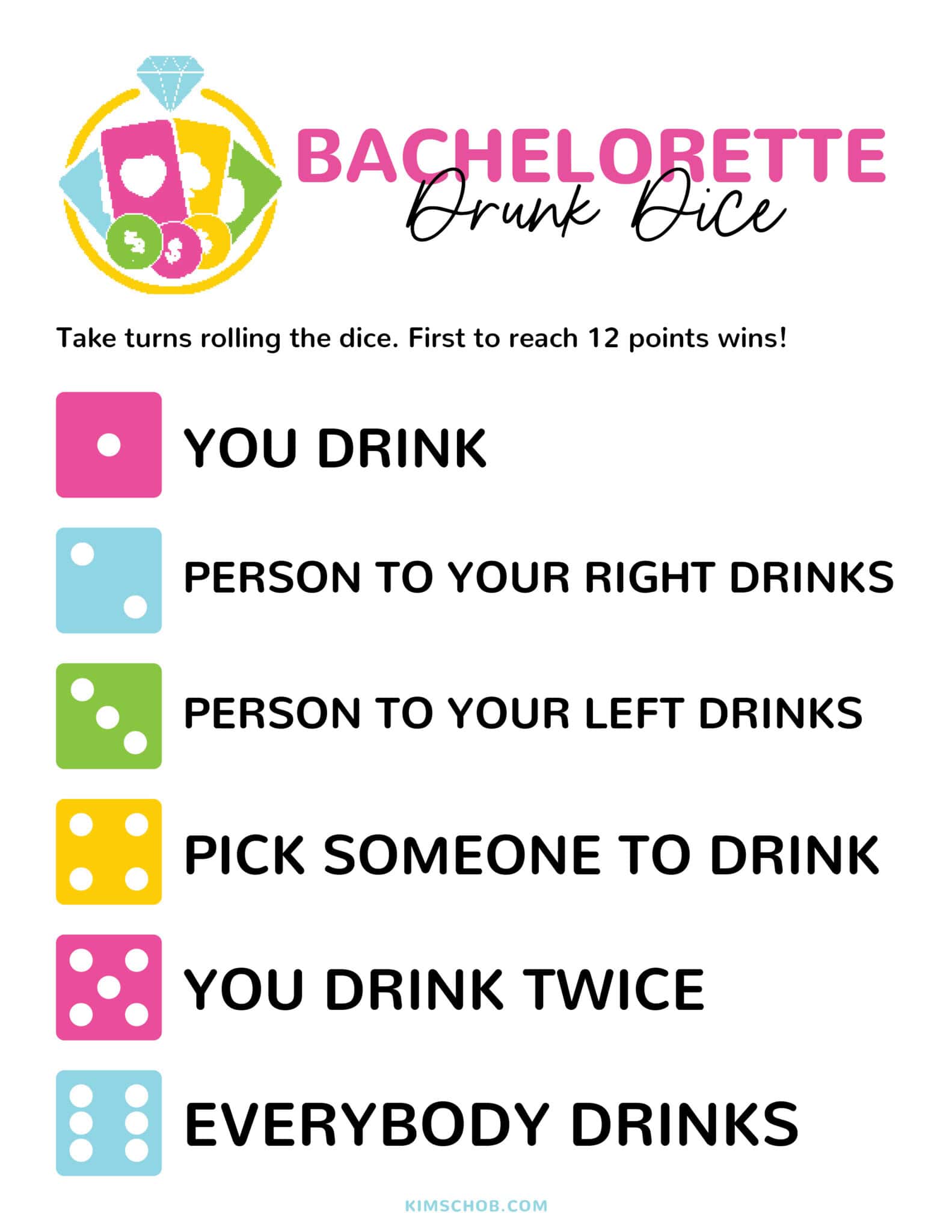 Las Vegas Bachelorette Party Game \"drunk dice\" printable.