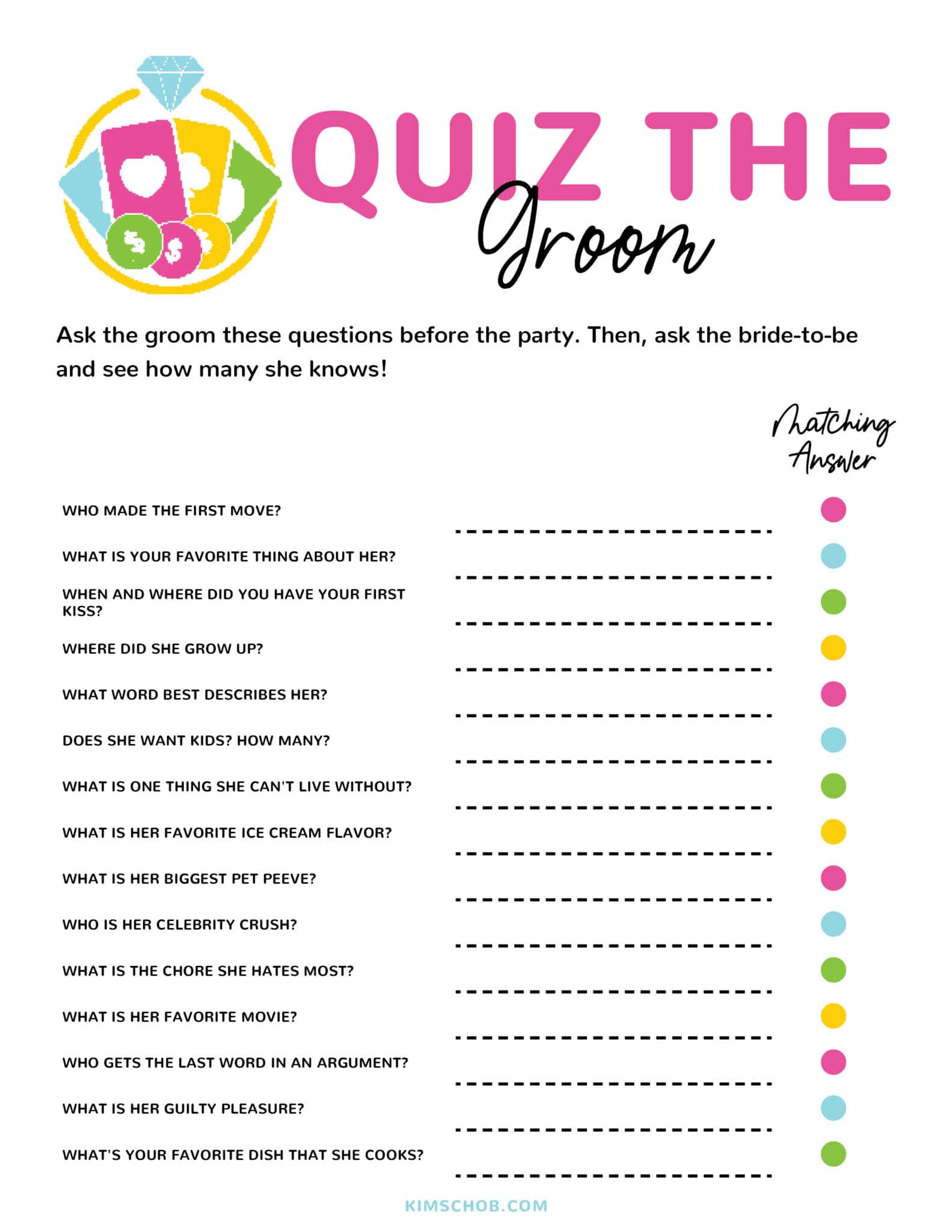 Bachelorette Party Las Vegas \"Quiz The Groom\" Printable Game.