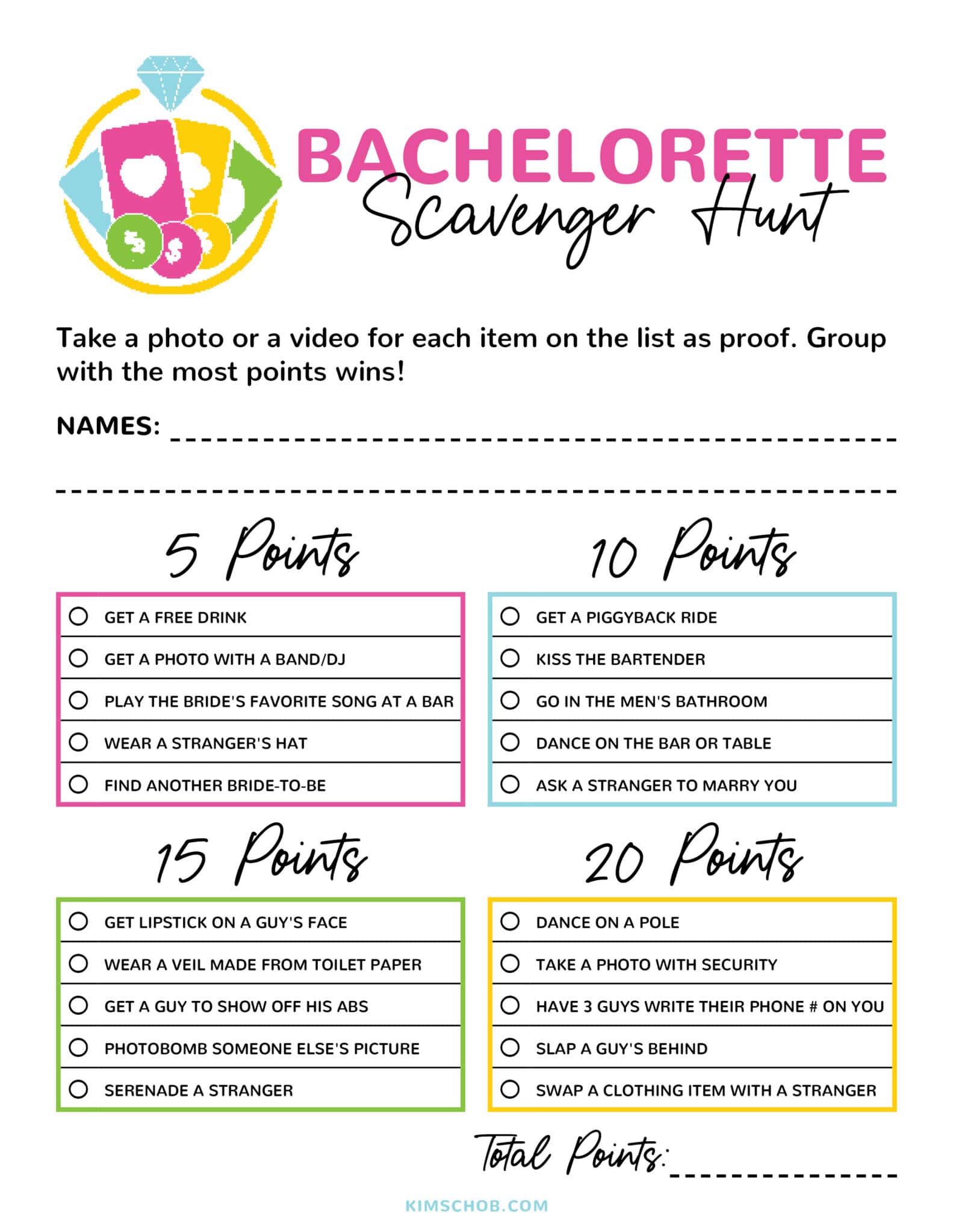 Bachelorette scavenger hunt printable game.