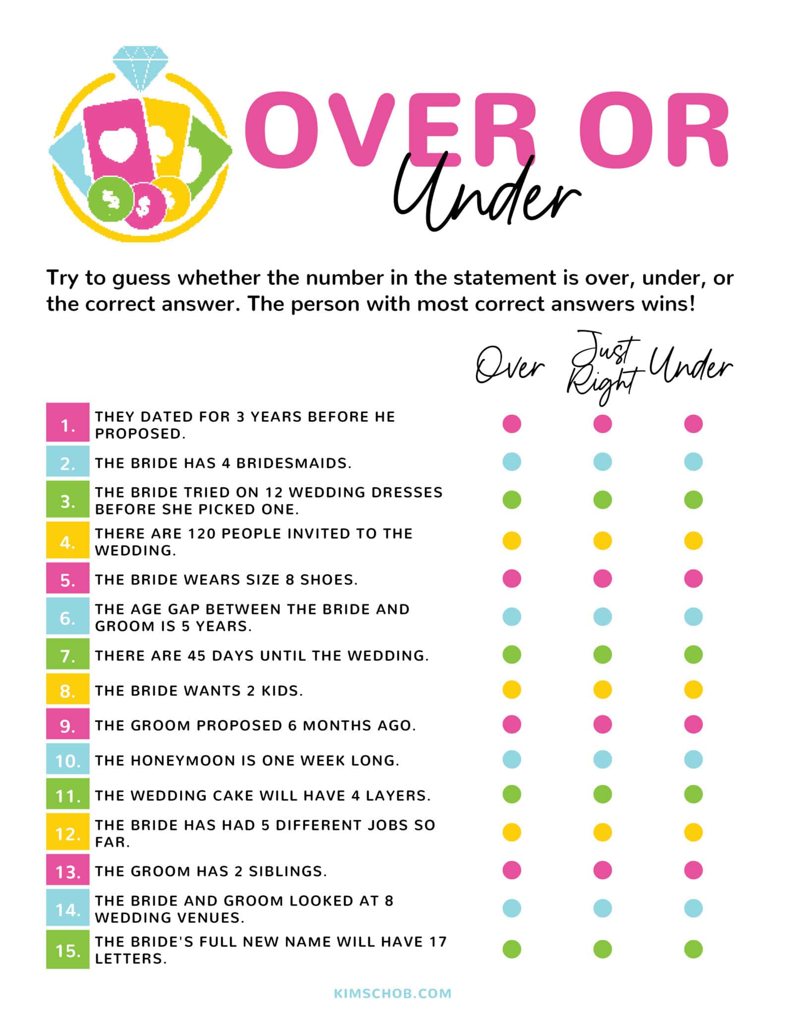 \"Over or under\" Las Vegas Bachelorette Party Printable Game.