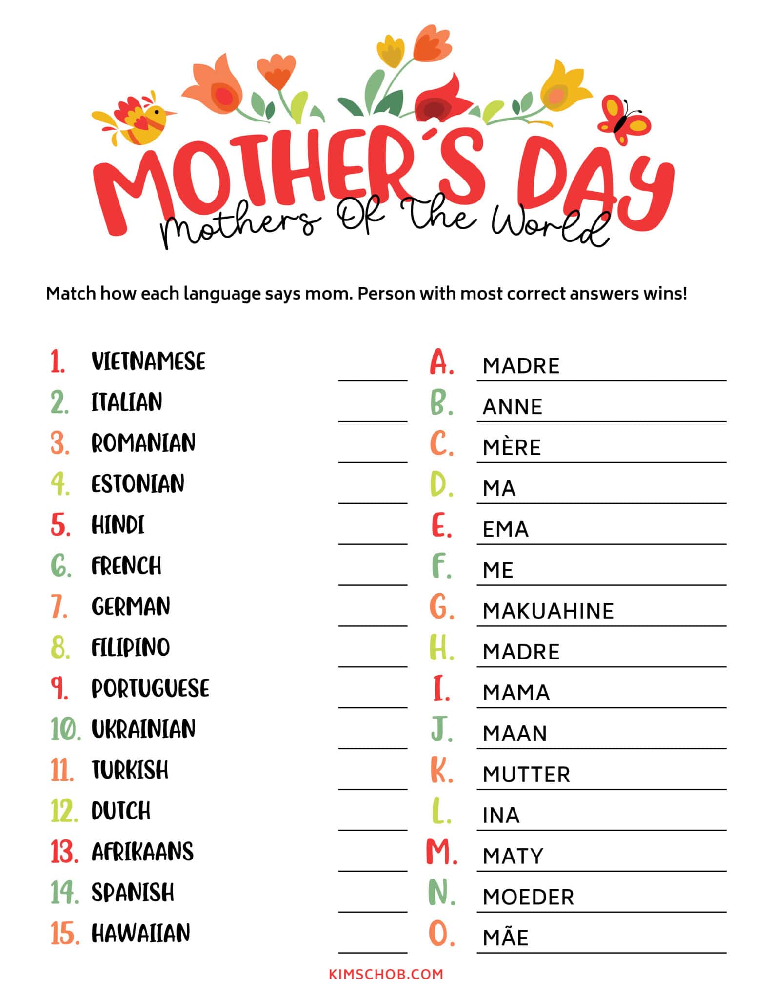 Printable \"Mothers of the World\" Game For Mother’s Day.