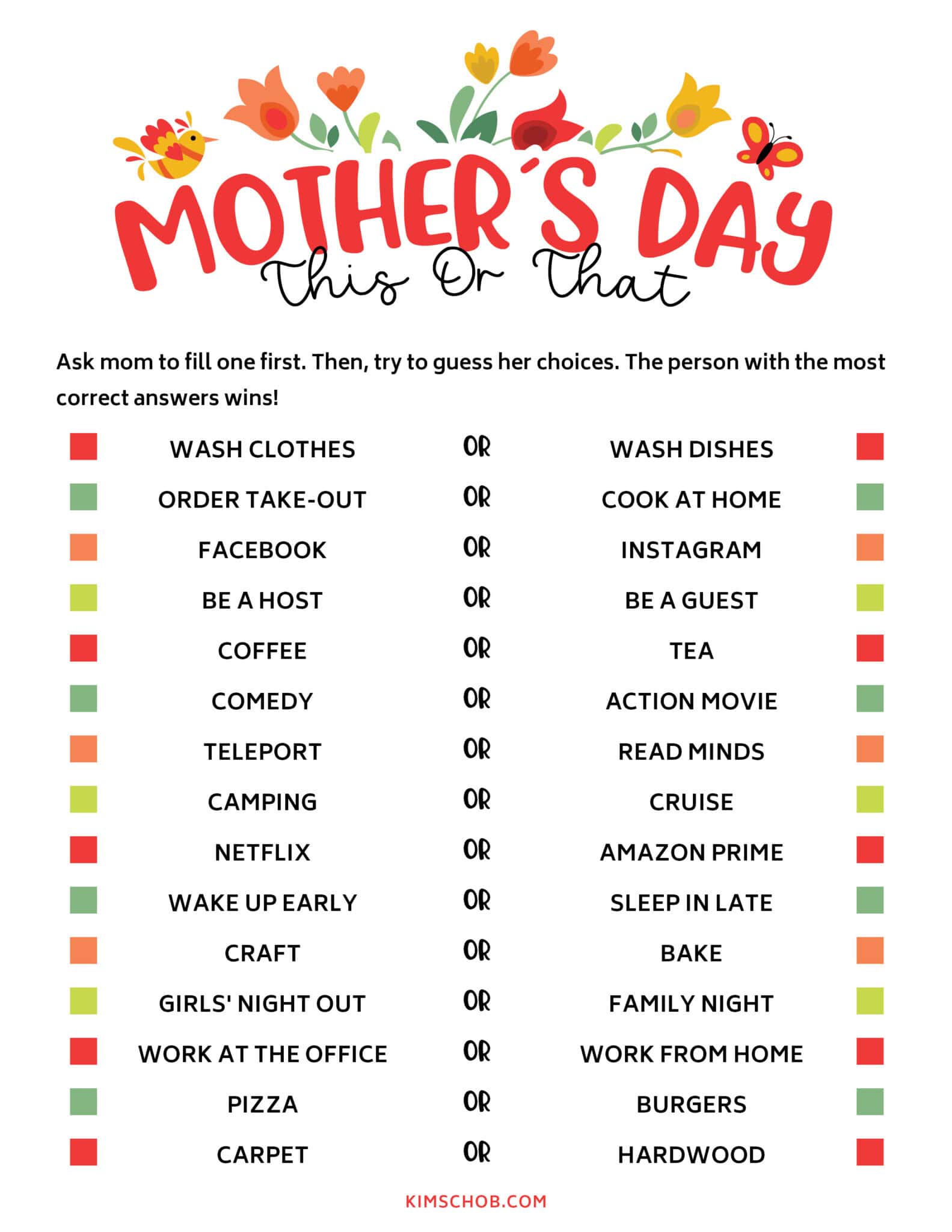 Mother’s Day \"This or That\" Printable Game.