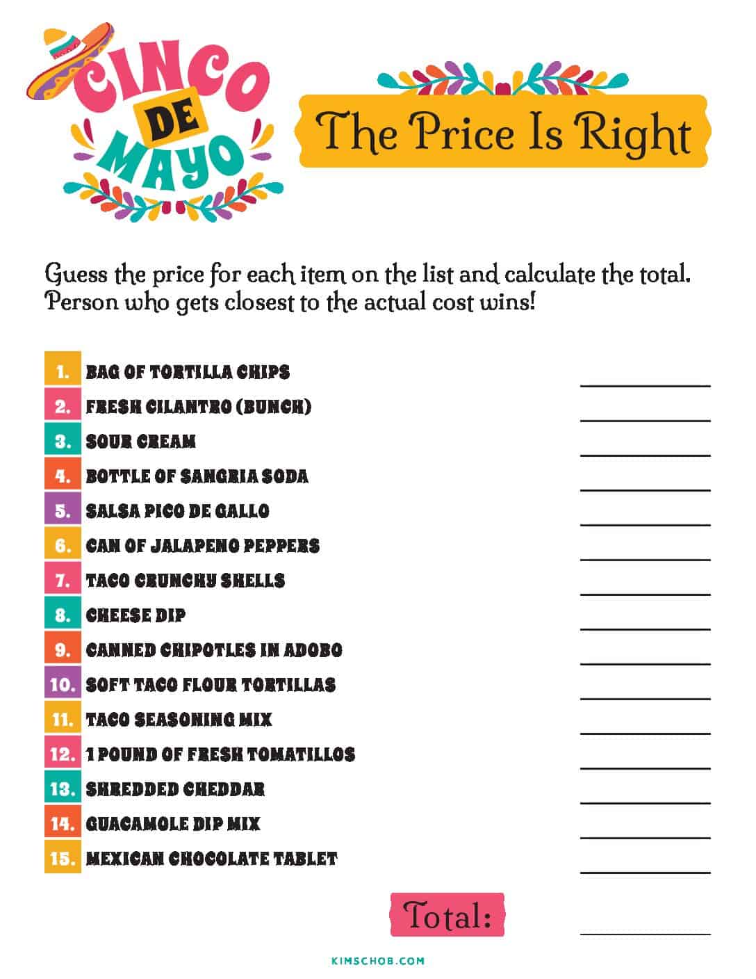 Cinco De Mayo \"The Price is Right\" Printable Game.