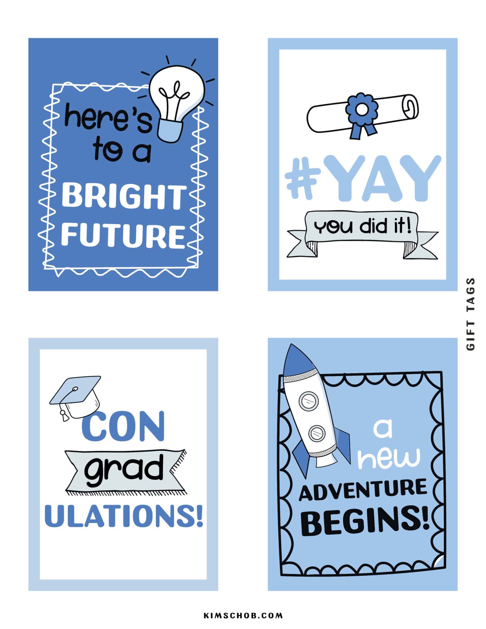 Blue Gift Tag Printables including \"CON grad ULATIONS!\"