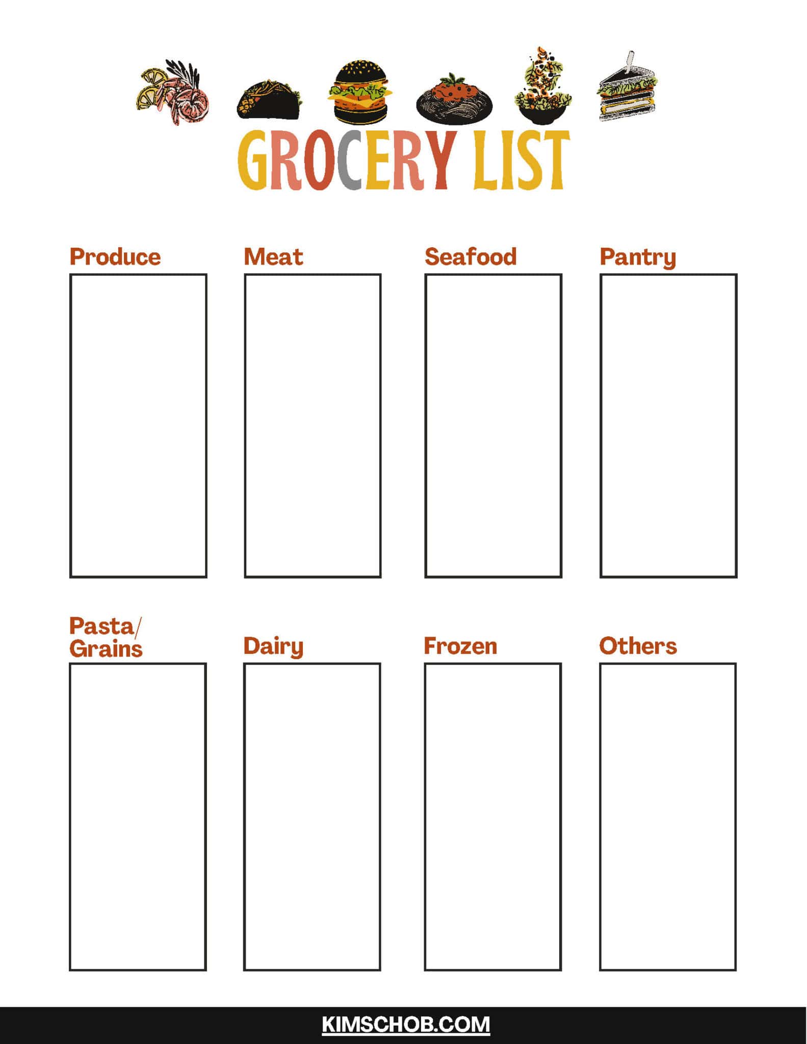 Grocery List free printable with areas for produce, meat, seafood, pantry, pasta/grains, dairy, frozen, and others.