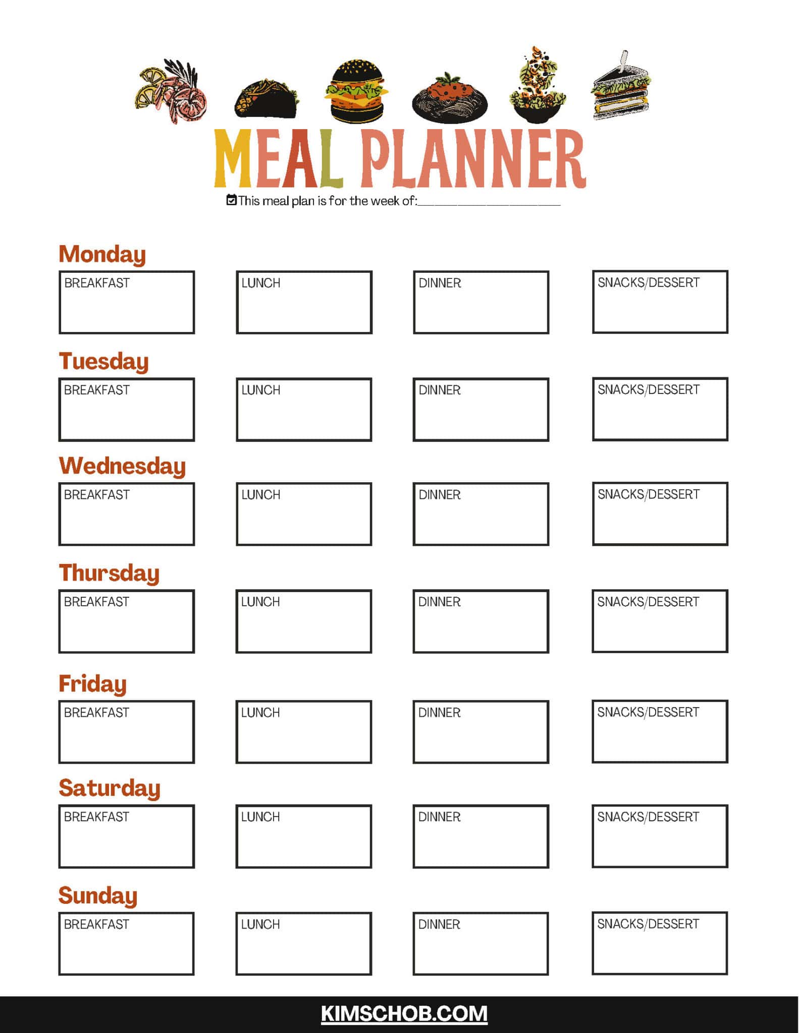 Meal Planner Sheet printable with boxes of different meals on each day of the week.