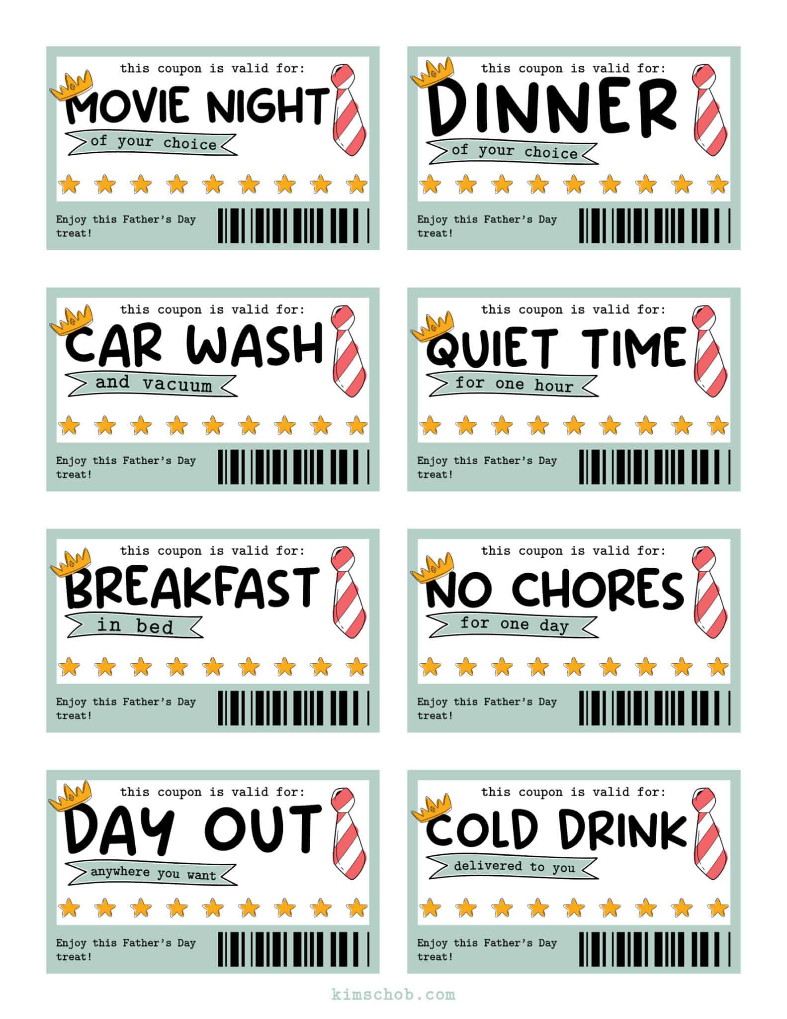 Father’s Day Coupons Printables including cold drink, no chores, and car wash.
