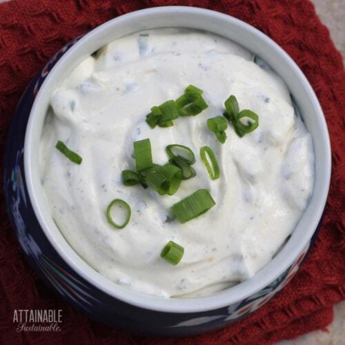 Easy summer dip topped with chopped green onions in a bowl on a red cloth.