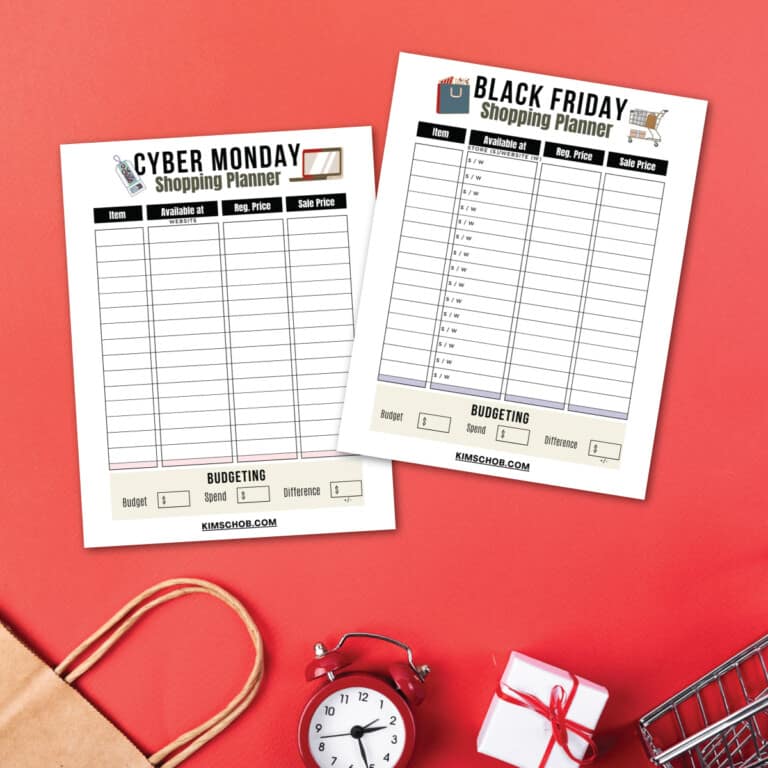 Printable Black Friday And Cyber Monday Shopping Planners On Red Background.