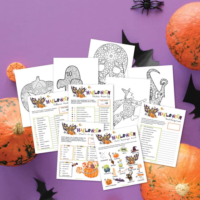 Halloween Games Printable on a purple background.