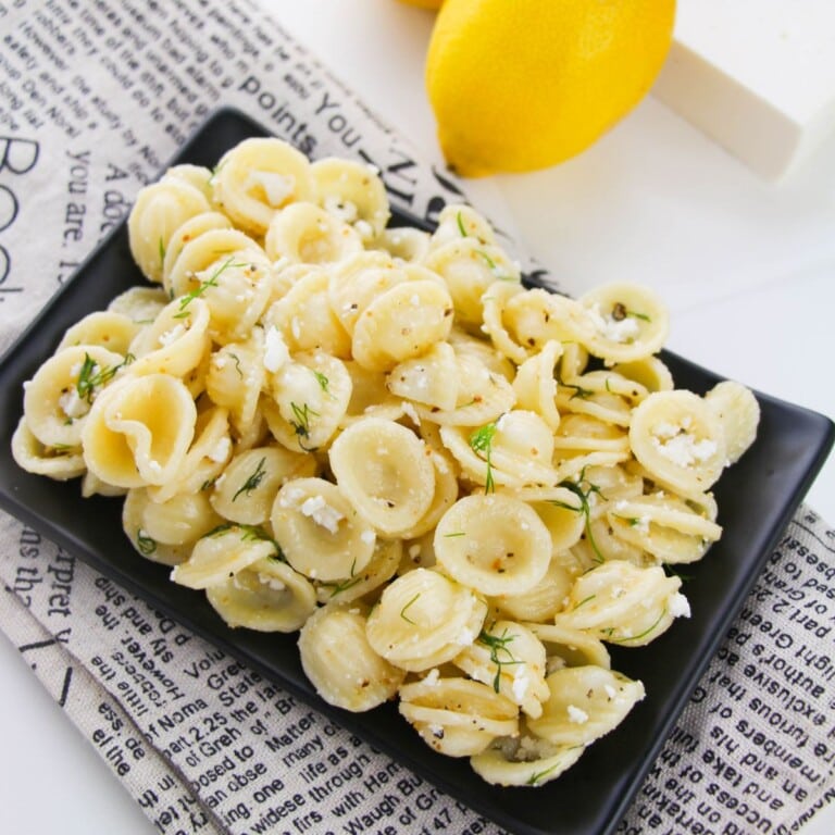 Black plate of Dill Pasta Salad.