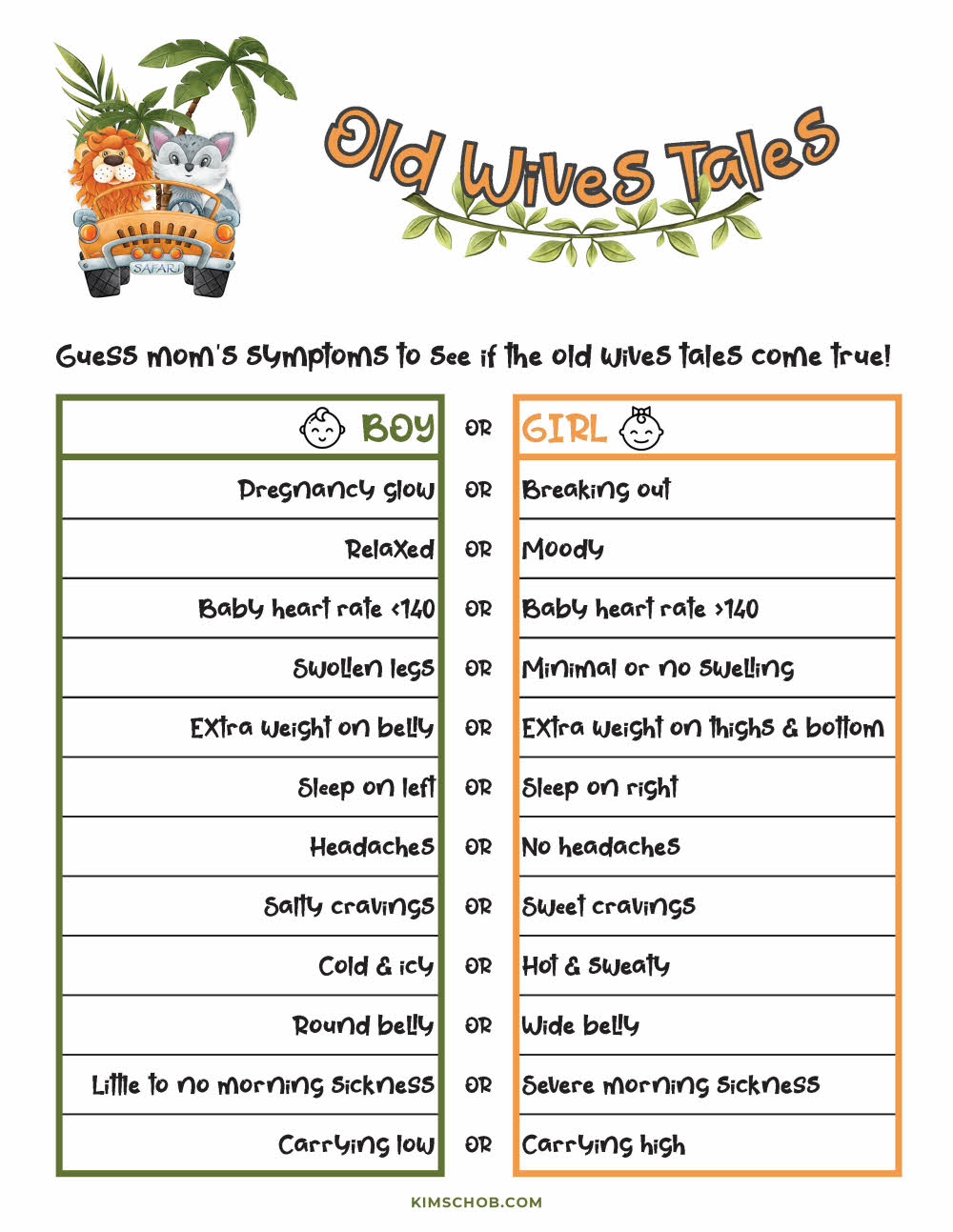 Printable Old Wives Tales Gender Reveal Game.