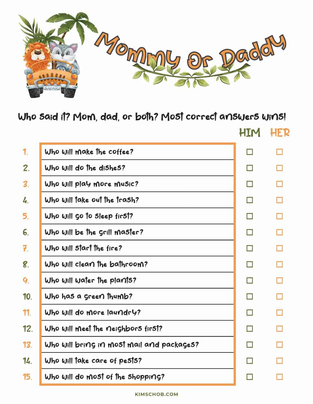 Printable Mommy Or Daddy Gender Reveal Game.