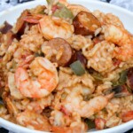 White bowl of Jambalaya.