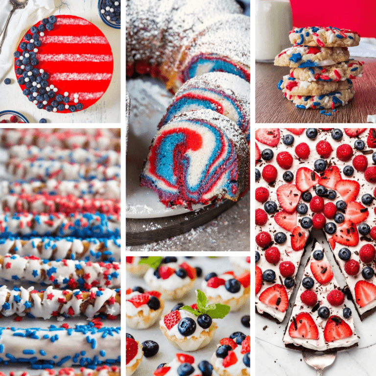 Collage of six different red, white, and blue desserts.