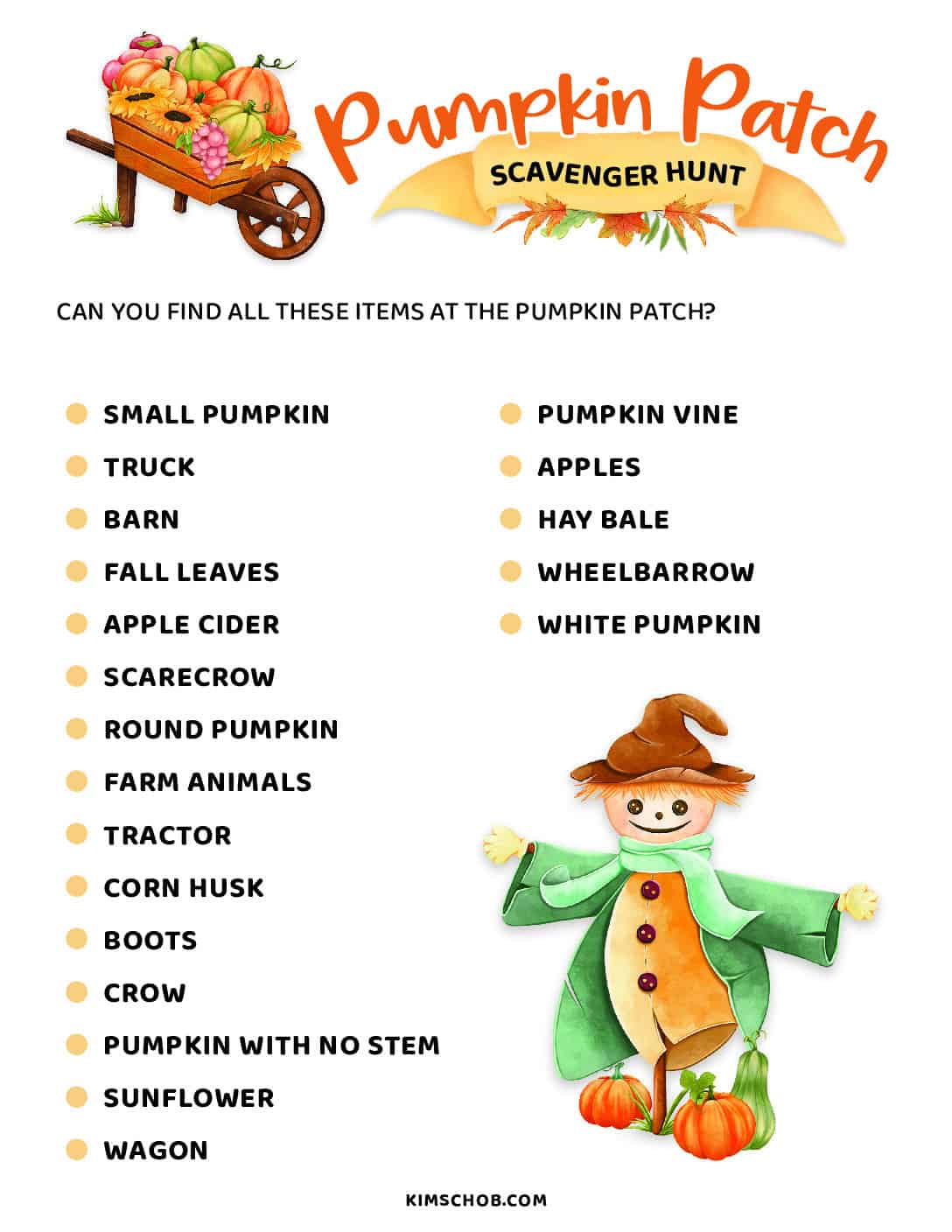 Printable Pumpkin Patch Scavenger Hunt with fall images.