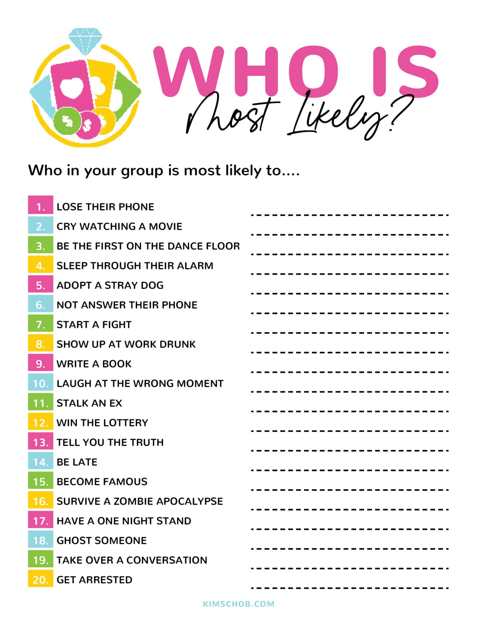 Printable \"Who is most likely?\" bachelorette Party Game.
