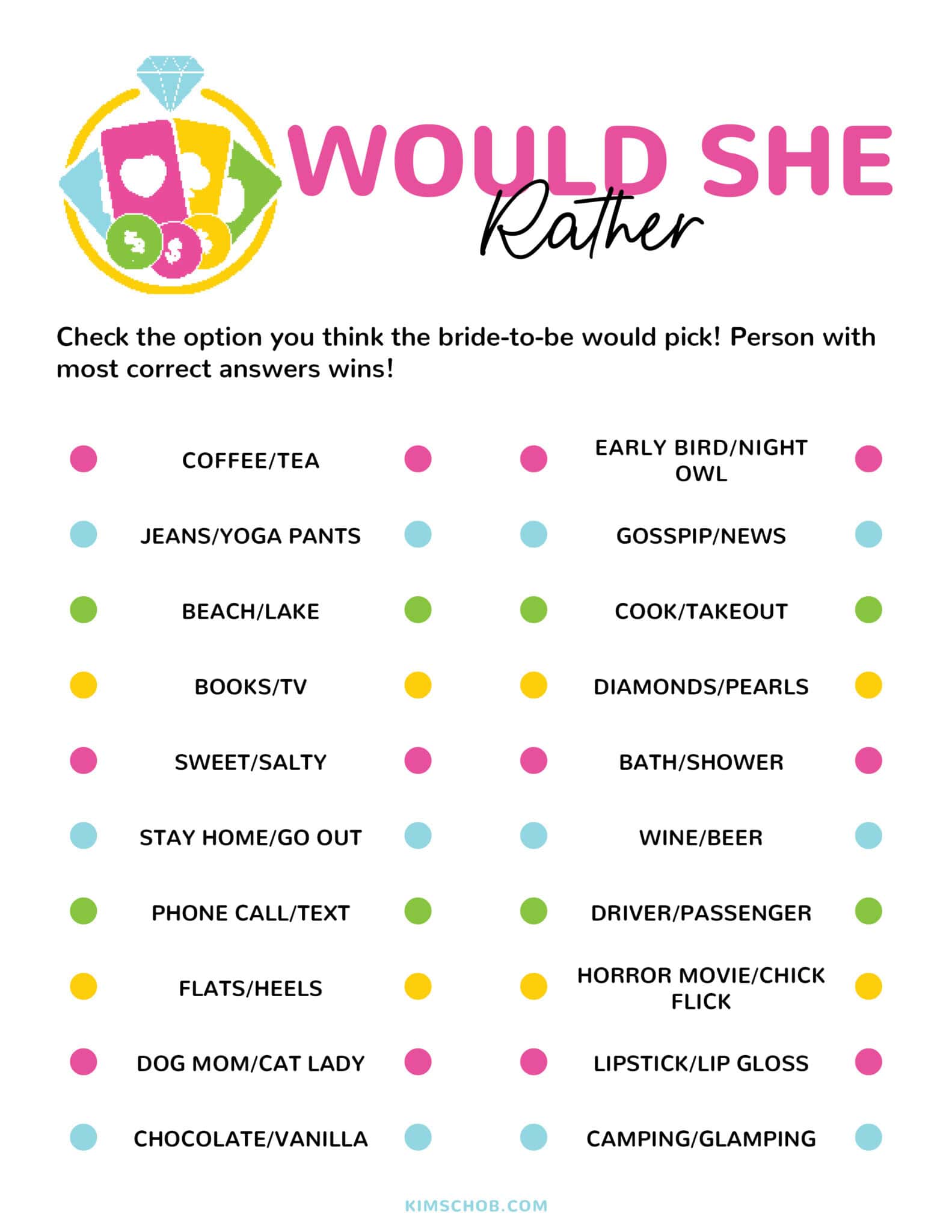 Printable Las Vegas \"Would she rather?\" Bachelorette Party Game.
