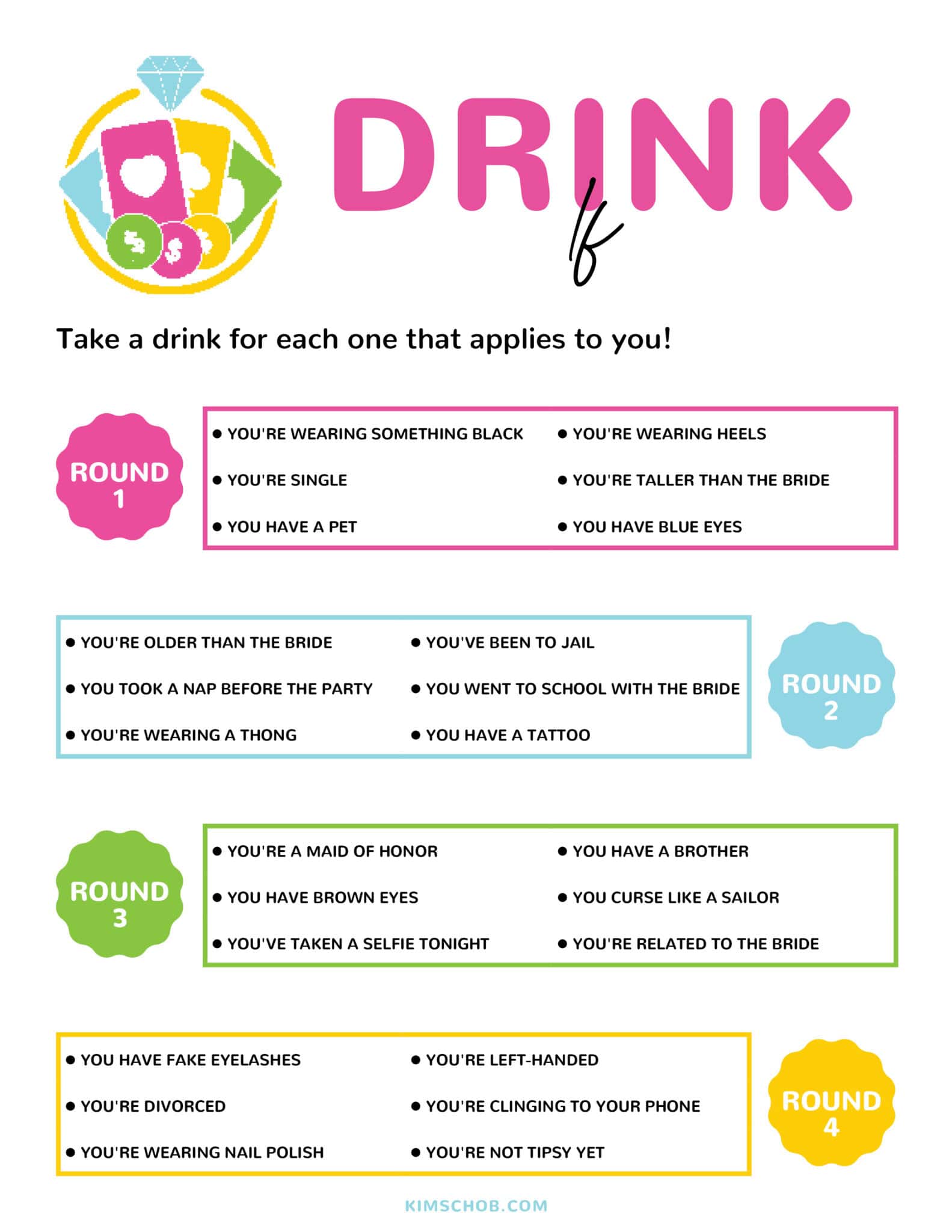 Printable Las Vegas \"Drink if\" Bachelorette Game.