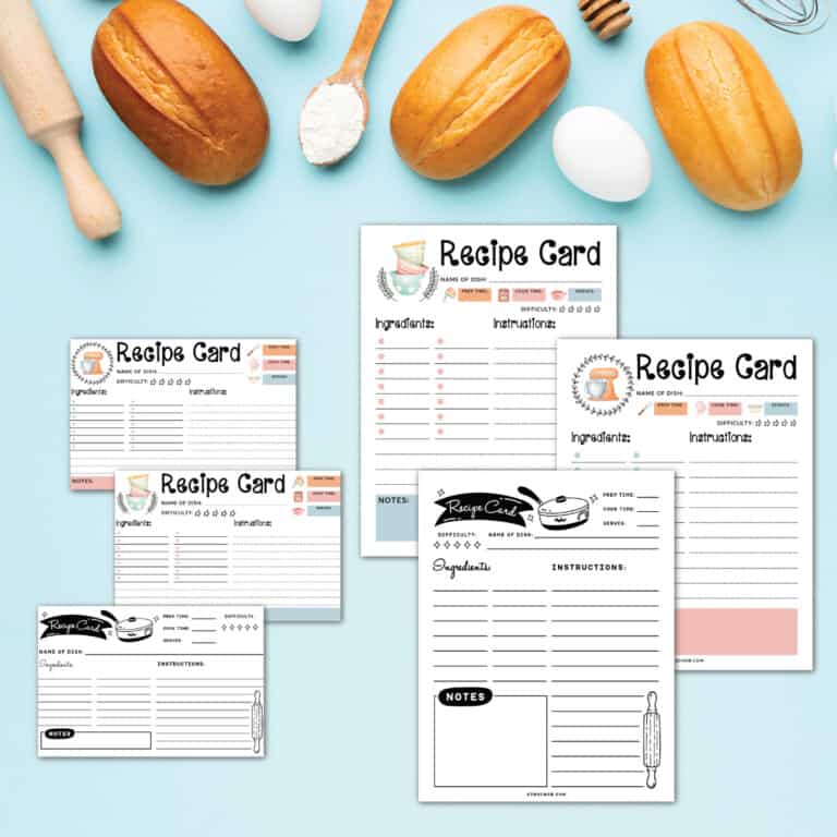 Free recipe card printable on blue surface with bread, eggs, flour, and utensils.