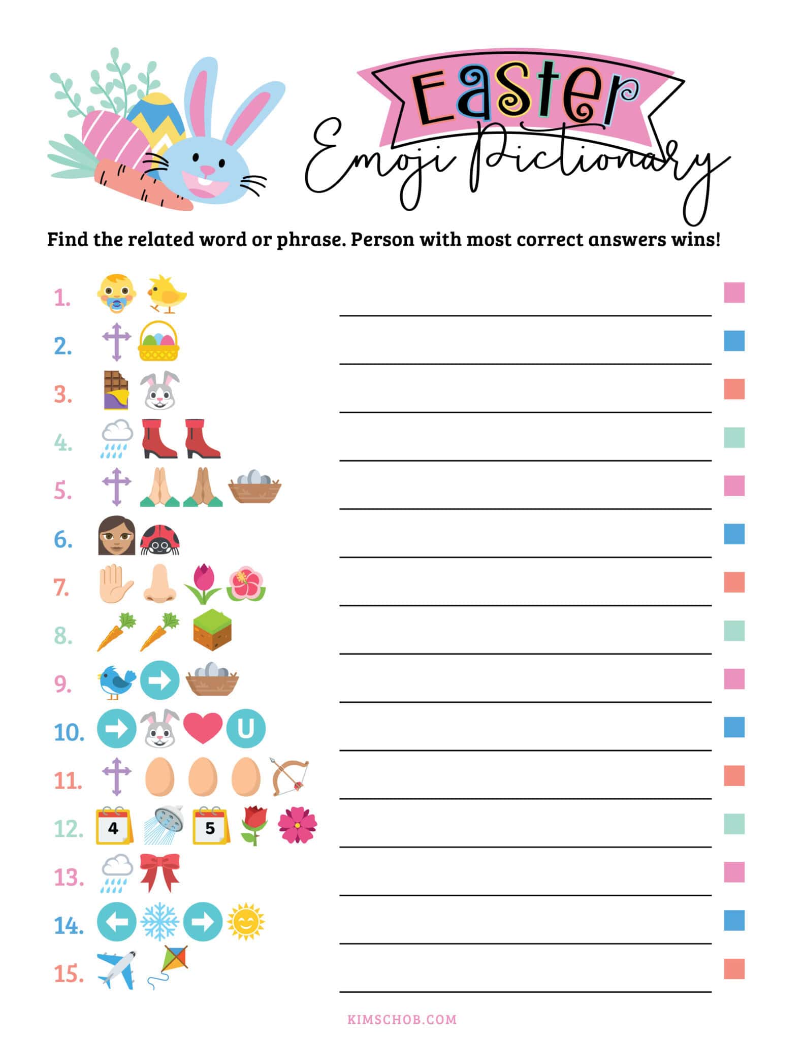 Printable Sheet of Easter Emoji Pictionary Game.