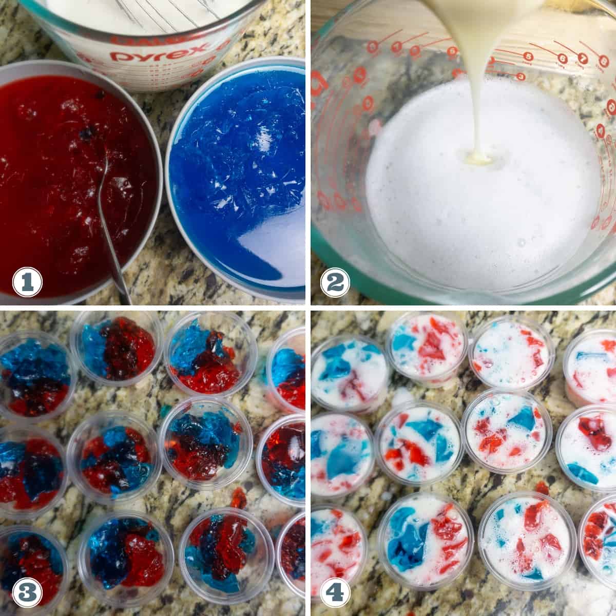 Red, white, and blue is added in a small plastic cup container.