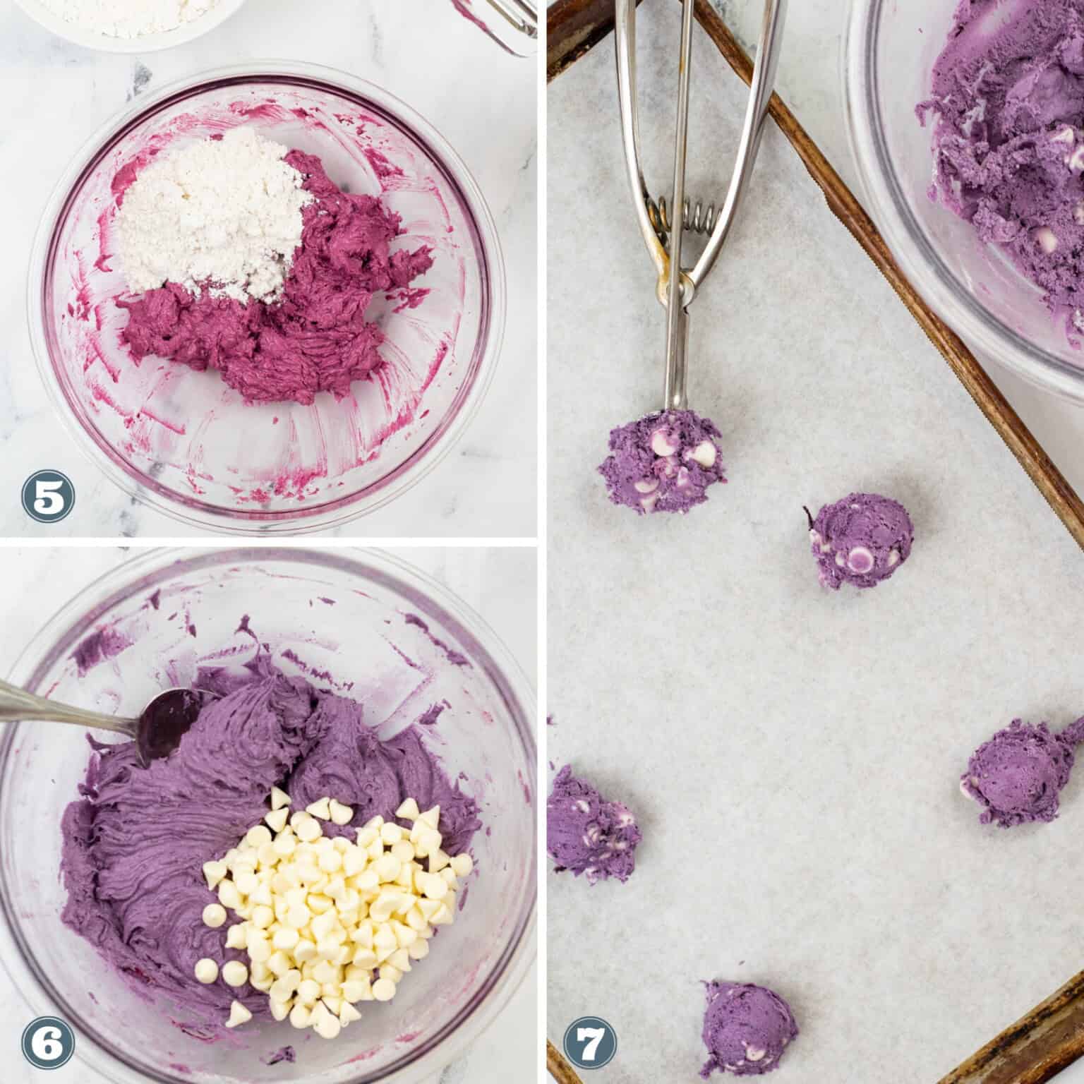 A collage of dry ingredients and chocolate chips are added to the creamed blueberry and butter mixture.