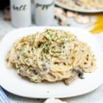 White plate with Chicken and Mushroom Tetrazzini.