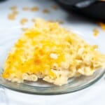 Glass plate with copycat Cracker Barrel Mac N Cheese.