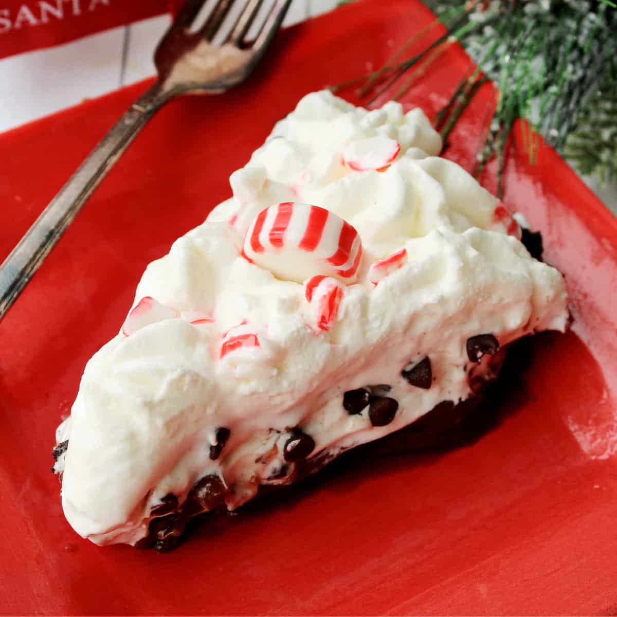 Slice of chocolate pie topped with whipped cream and candy.