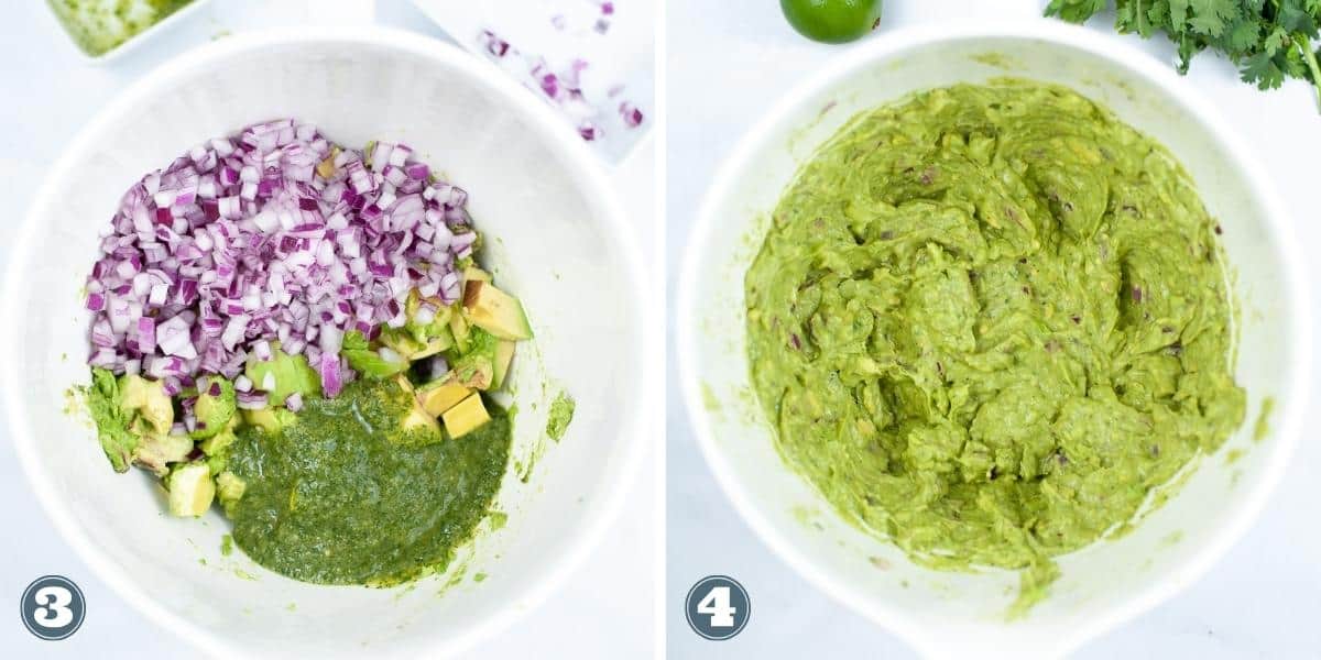Collage of mixing the ingredients for chipotle guacamole.