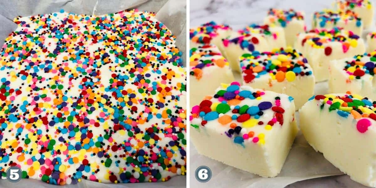 Collage of decorating and dividing sugar cookie fudge.