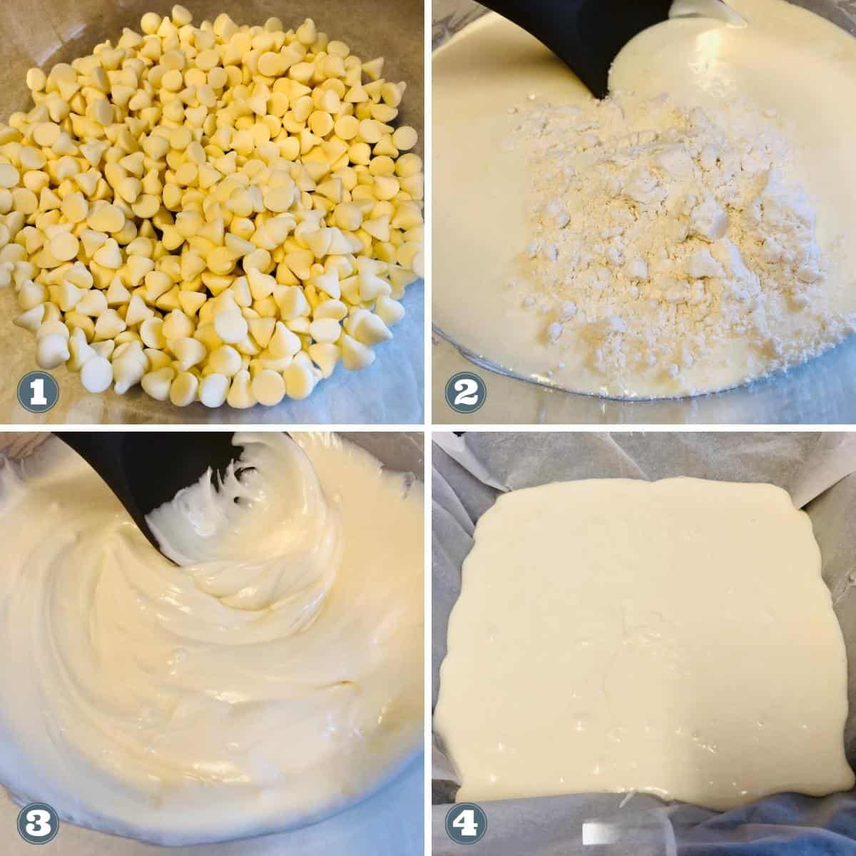 Collage of assembling sugar cookie fudge.