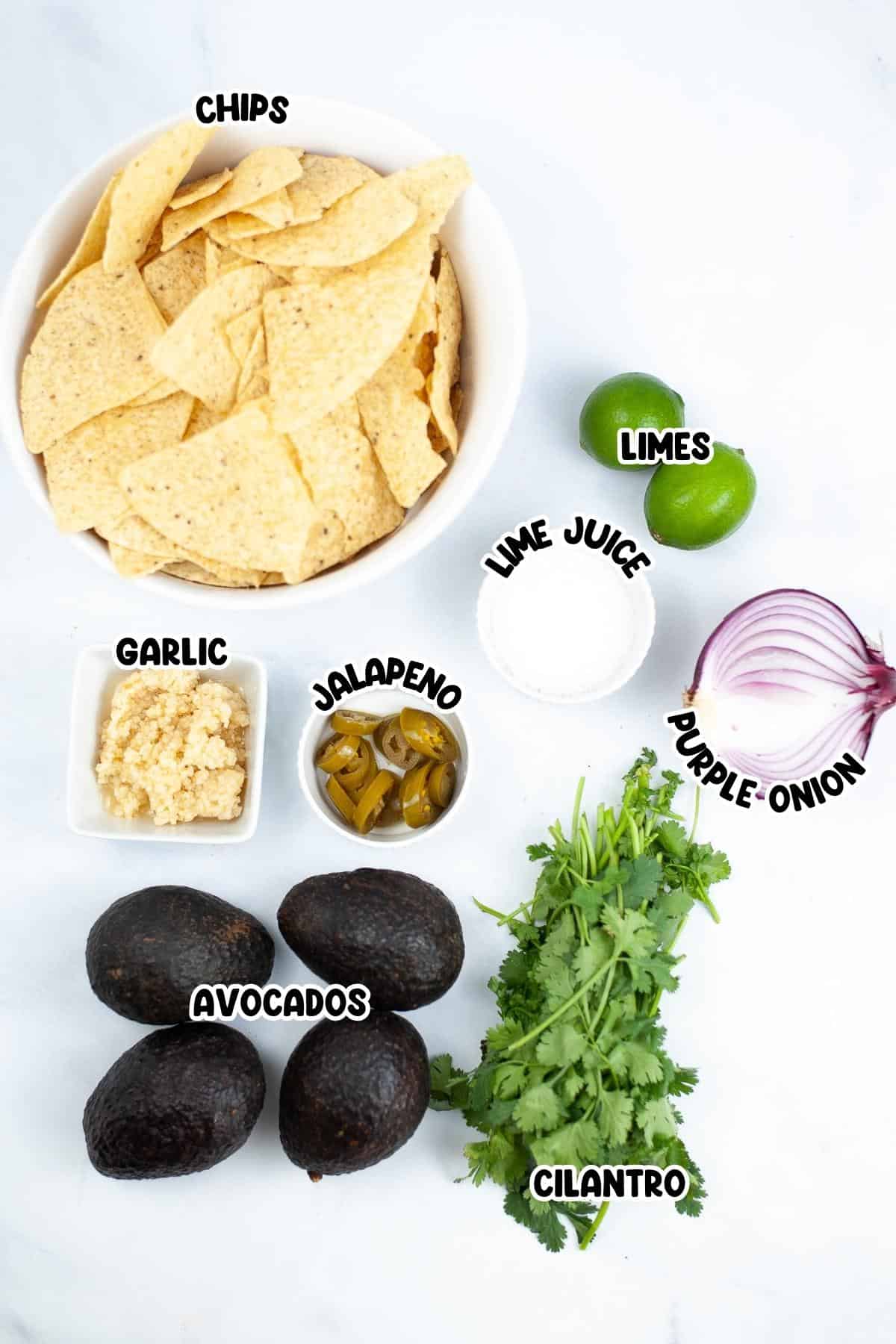 Chips, limes, lime juice, jalapeno, garlic, avocados, cilantro, and purple onions.