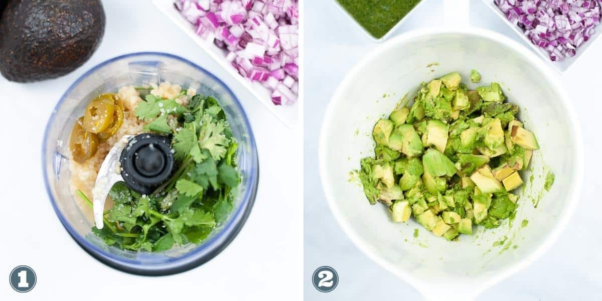 Collage of creating chipotle guacamole.