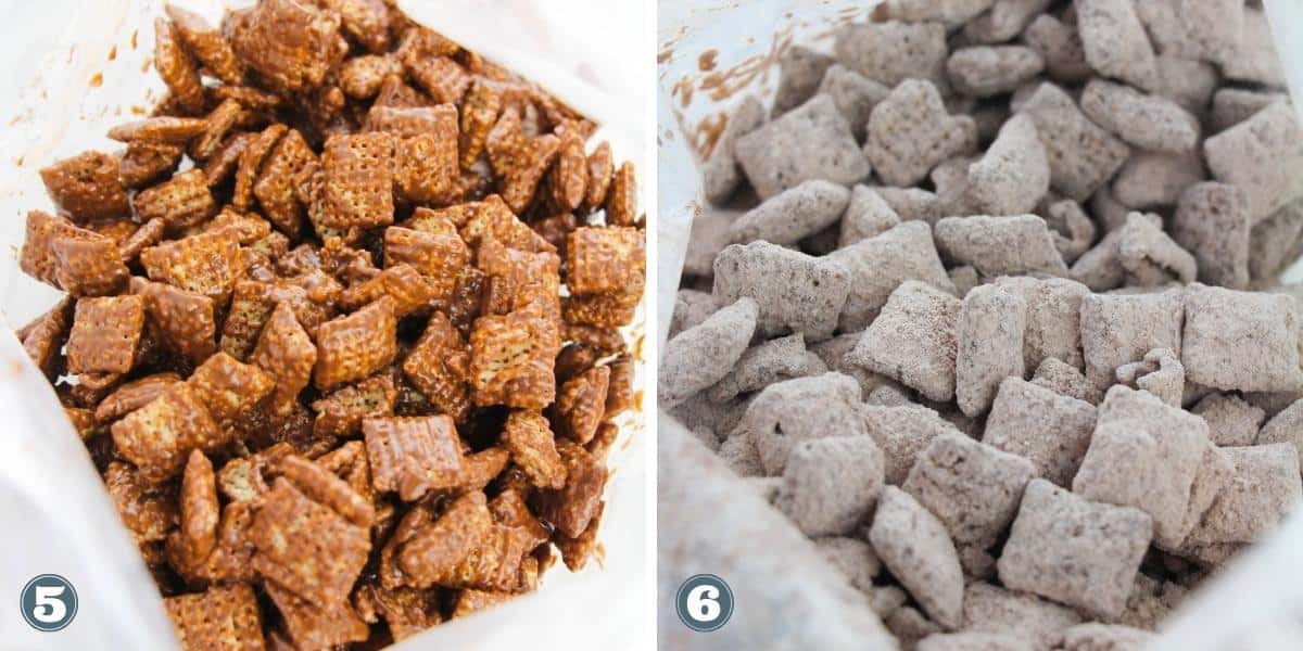 Collage of coating Chex cereal with melted chocolate and powdered sugar.
