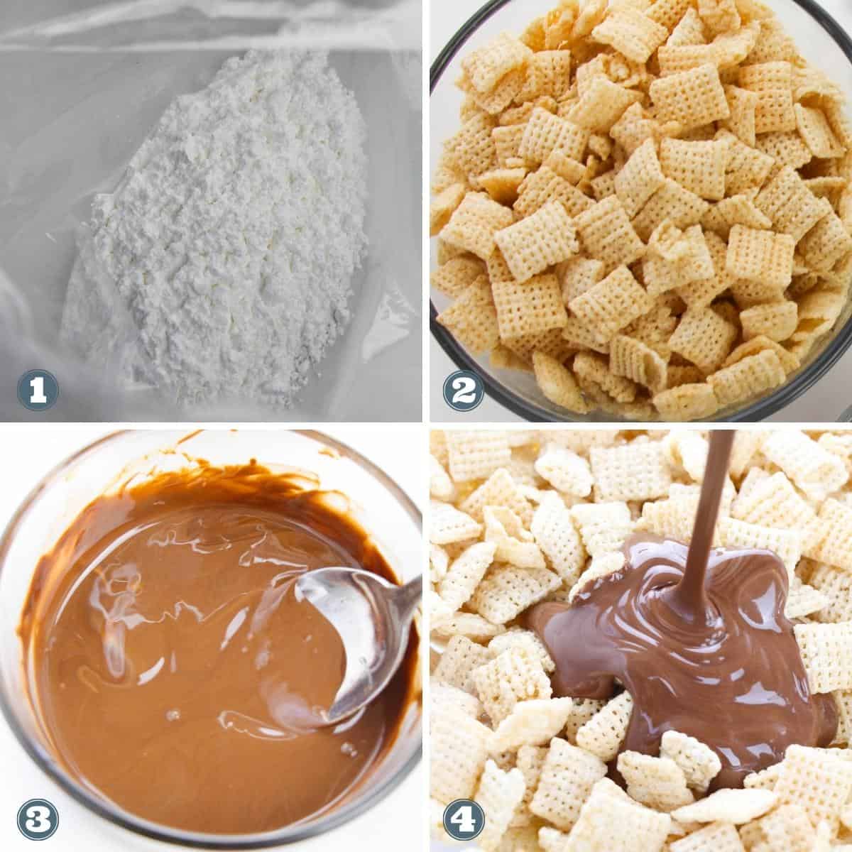 Collage of mixing ingredients for Andes muddy buddies.