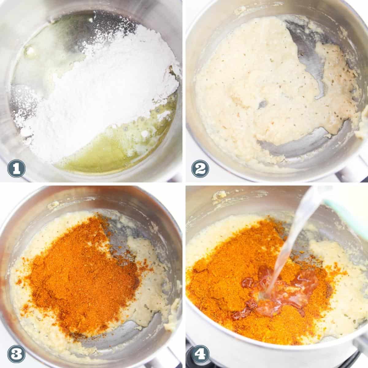 Collage of making enchilada sauce in a metal bowl.