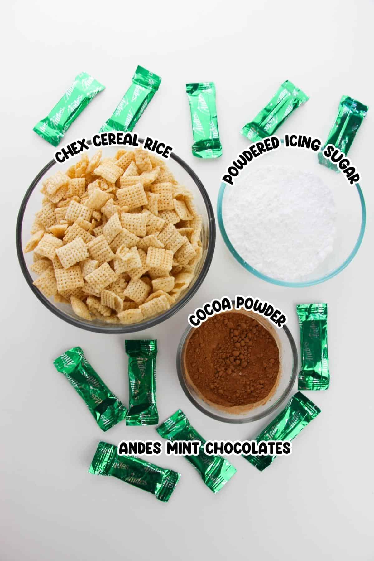 Chex cereal, andes mint chocolates, powdered icing sugar, and cocoa powder on a countertop.