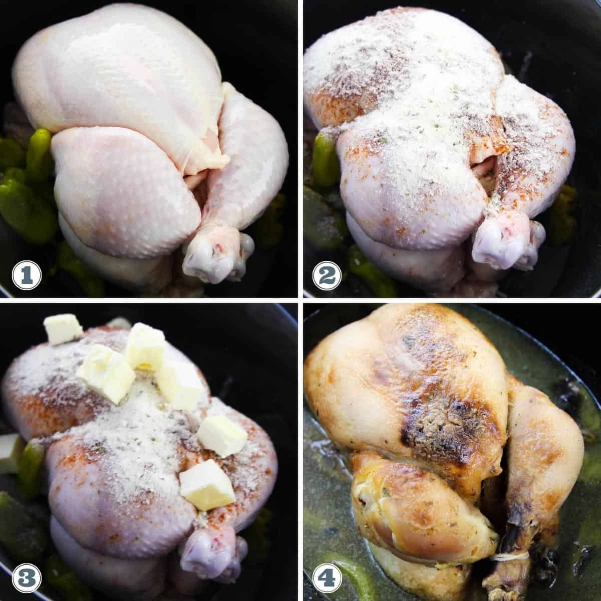 Collage of cooking the chicken in a slow cooker.