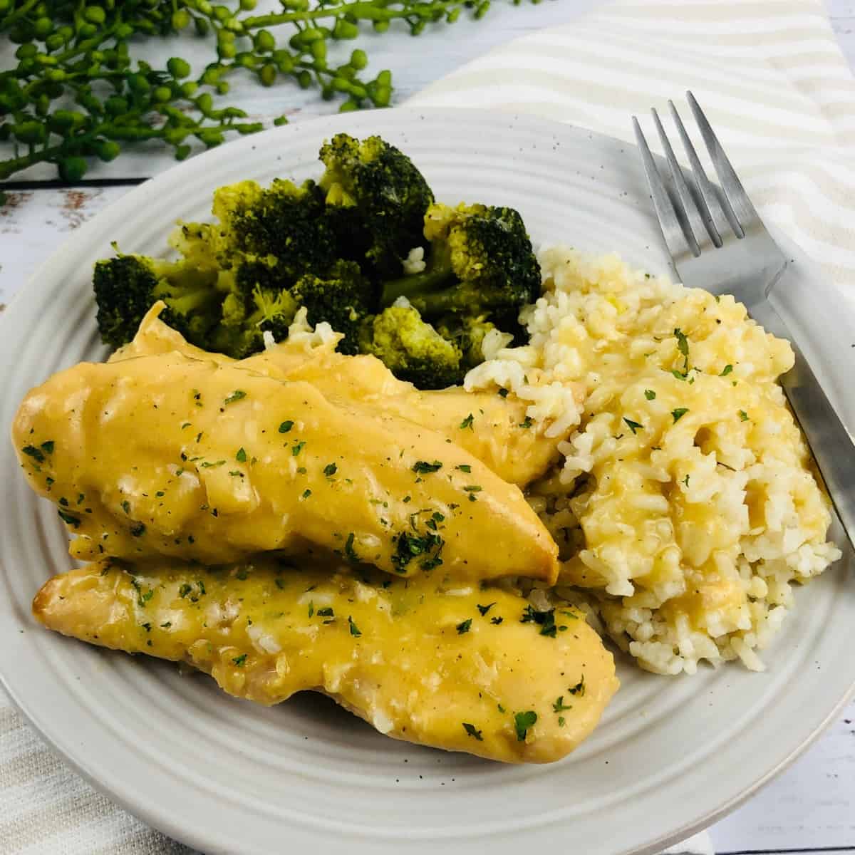 A plate of Chicken and Gravy, rice, and broccoli.