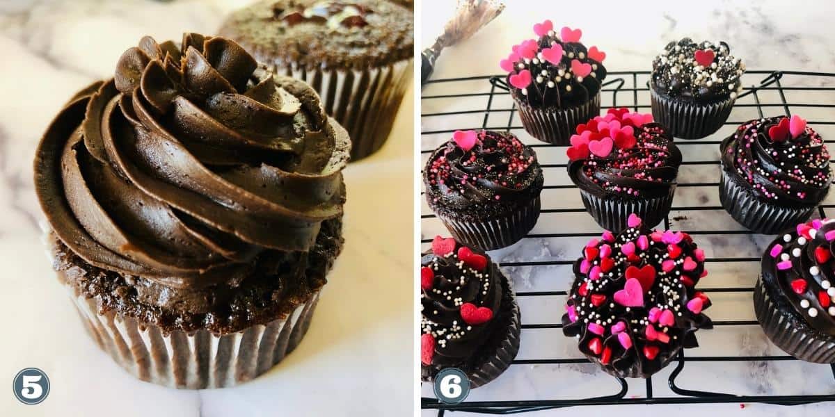 Collage of adding frosting and decorating dark chocolate cupcakes.