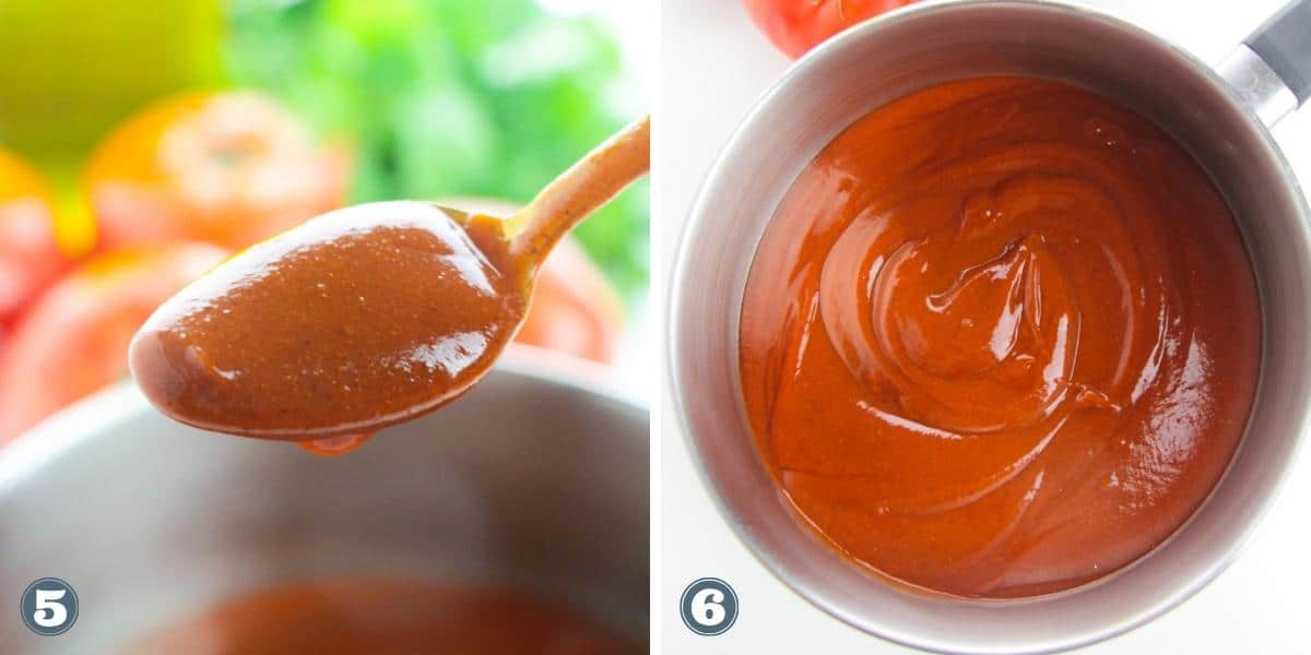 Collage of enchilada sauce in saucepan.
