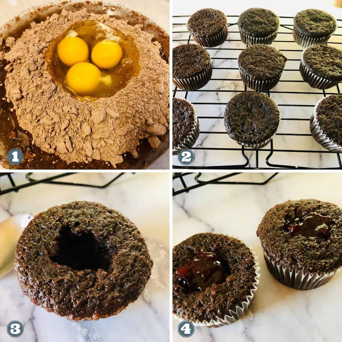 Collage of making dark chocolate cupcakes.