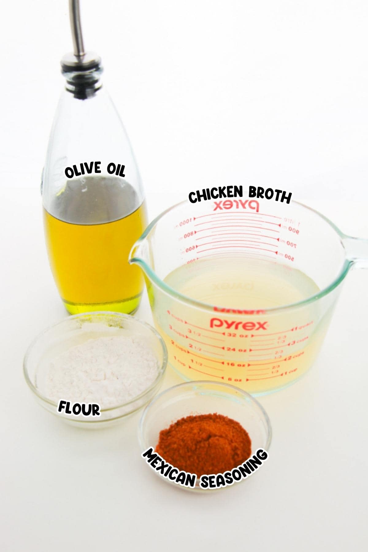 Ingredients for enchilada sauce including olive oil, chicken broth, flour, and Mexican seasoning.