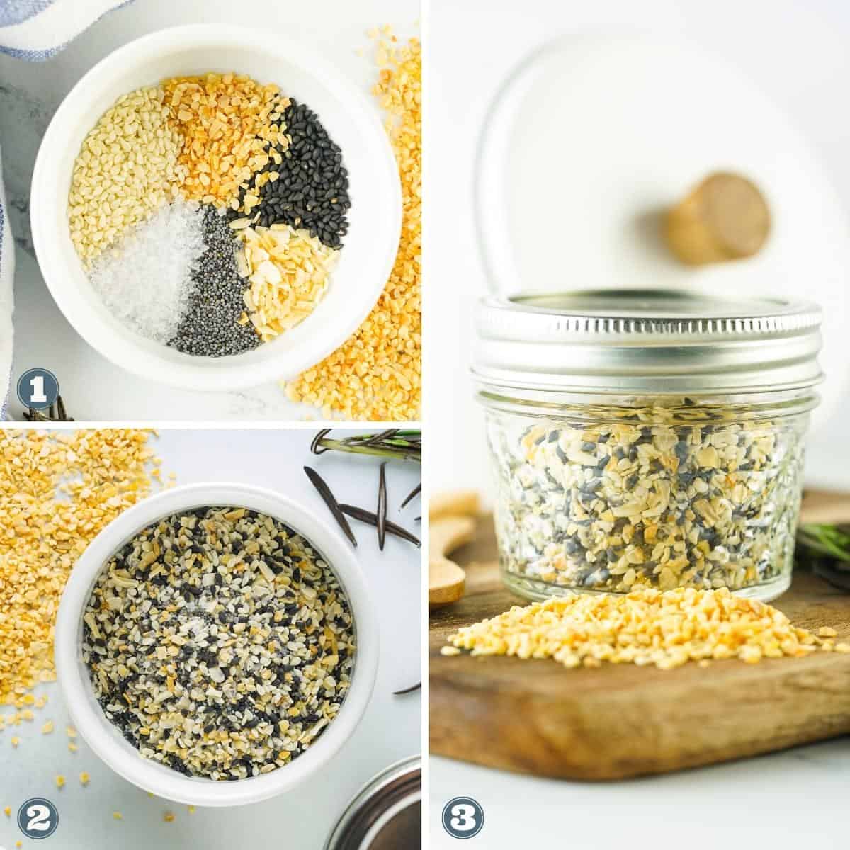 Collage of bagel seasoning in different containers.