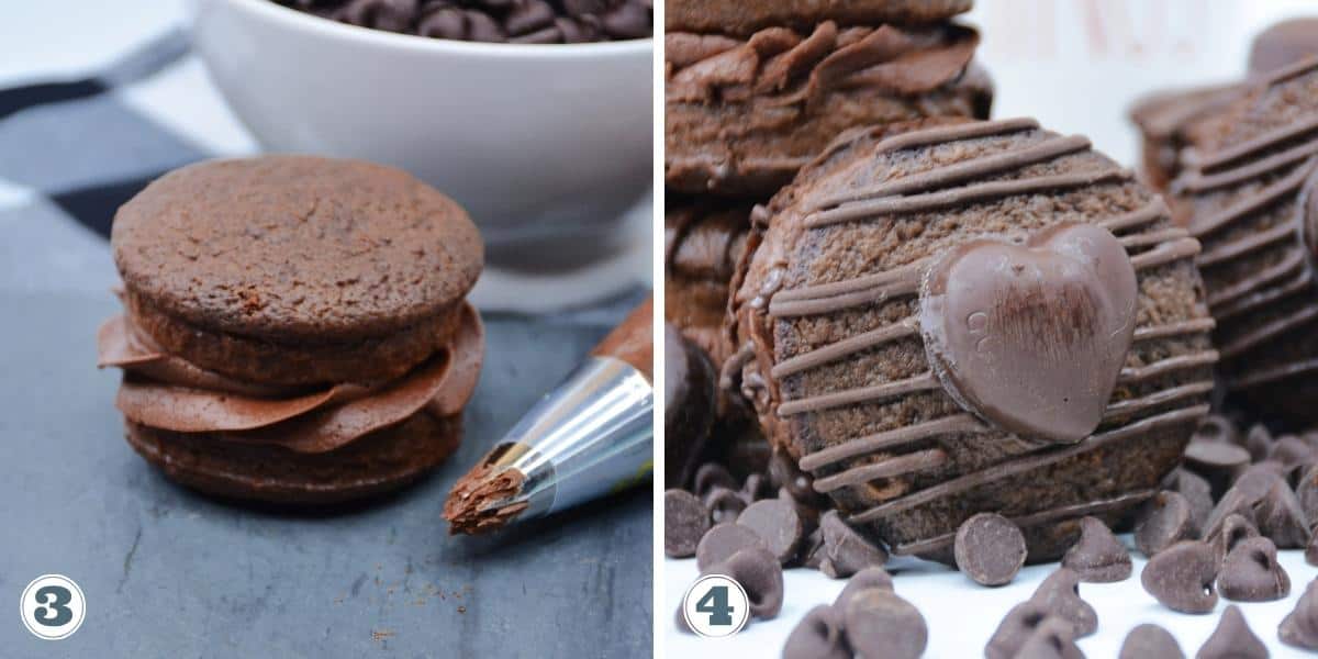 Collage of decorating chocolate whoopie pies.
