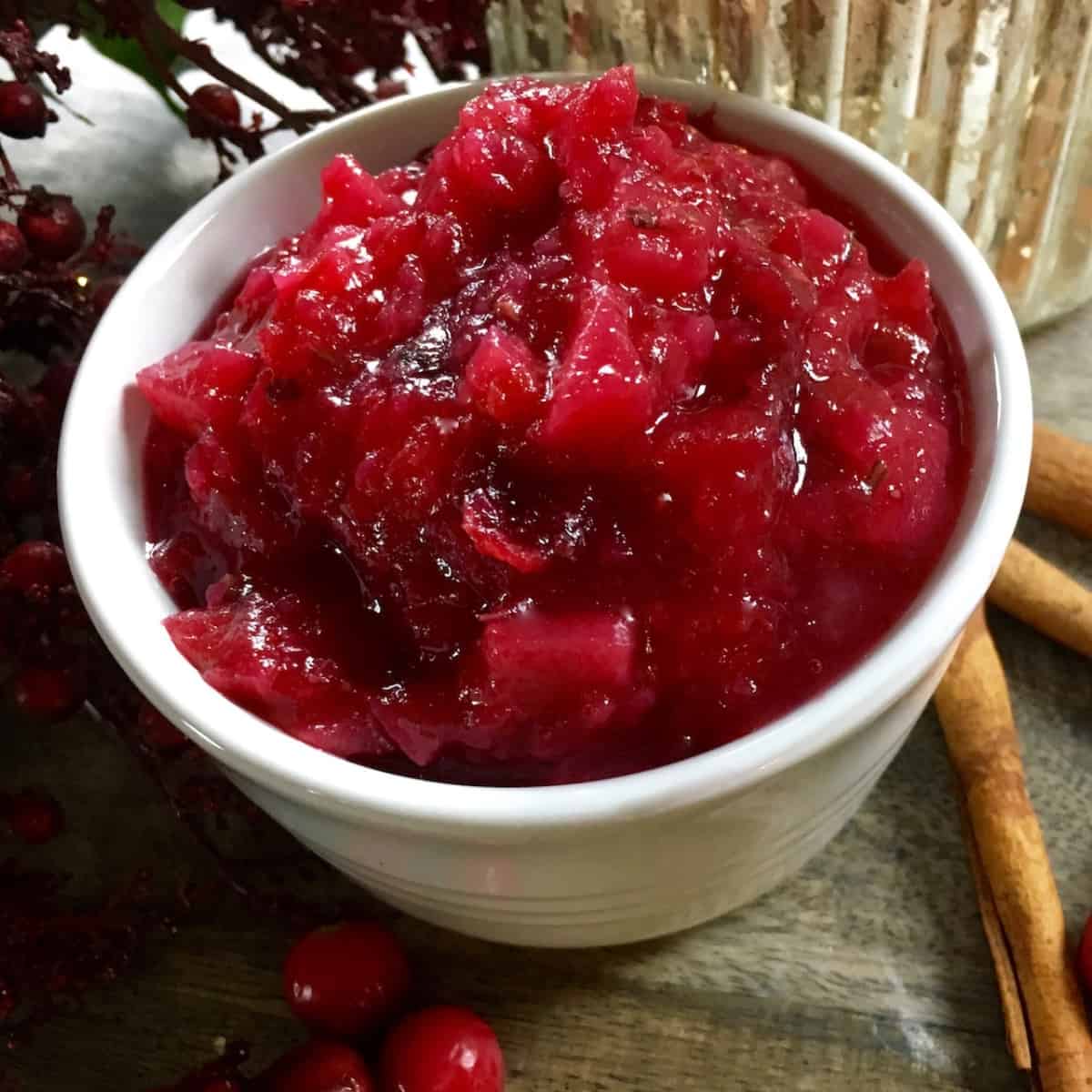 Cranberry Pear Sauce in a white bowl.